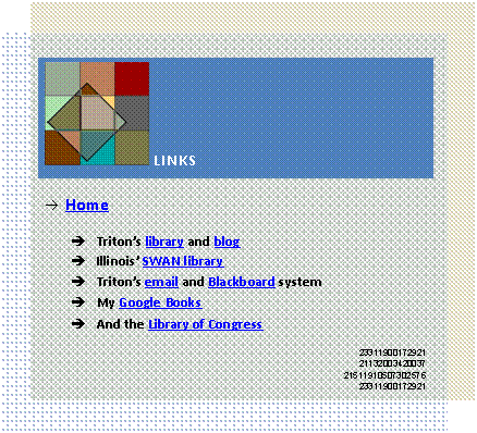Text Box:   LINKS
  Home
	Tritons library and blog
	Illinois SWAN library
	Tritons email and Blackboard system
	My Google Books
	And the Library of Congress
23311900172921
21132003420037
21511910507302576
23311900172921

